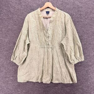 Basic Editions Blouse Women 2X Plus Beige Geometric V-Neck Long Sleeve Cotton